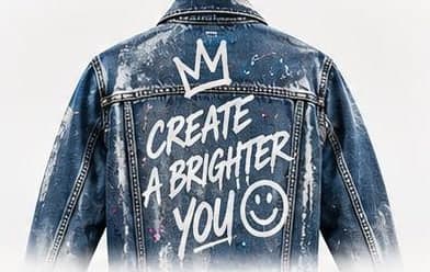 Denim jacket with CREATE A BRIGHTER YOU painted on the back